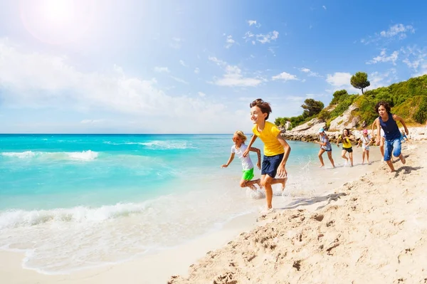 Vele Gelukkige Jonge Geitjes Draaien Een Race Zonnige Zandstrand — Stockfoto