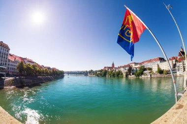 Balık-gözü resim Rhine Waterfront orta köprü, Basel, İsviçre