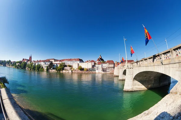 Fischaugenbild Von Rheinufer Und Mittelbrücke Basel Schweiz — Stockfoto