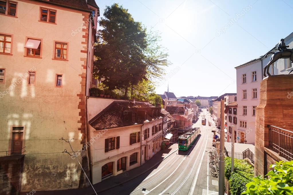 Top view picture of city tram on the ancient street of Basel in summer, Switzerland