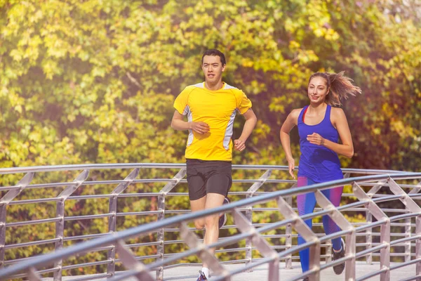 两个年轻的运动员在完美的形状 男子和妇女在运动衫 在夏季公园运行 — 图库照片