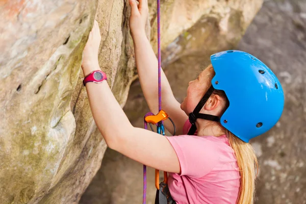 Close Portrait Teenage Girl Rock Climber Helmet Training Outdoors Mountains — Stock Photo, Image
