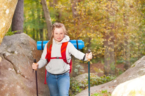 Portrait Teenage Girl Backpack Trekking Sticks Walking Mountain Autumn — Stock Photo, Image
