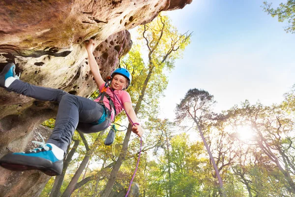 Bottom View Teenage Rock Climber Exercising Forest Area Blue Sky — Stock Photo, Image