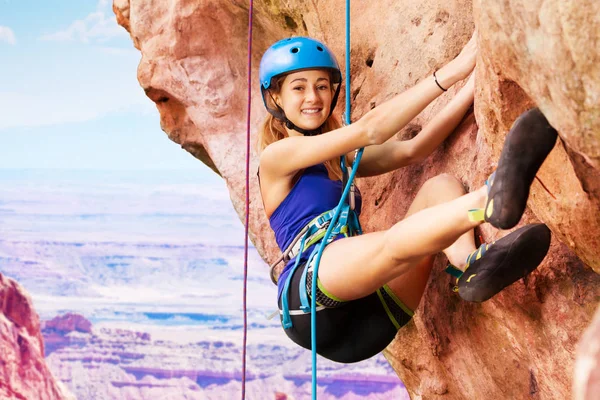 Smiling Teenage Girl Rock Climbing Harness Outdoors High Mountains — Stock Photo, Image