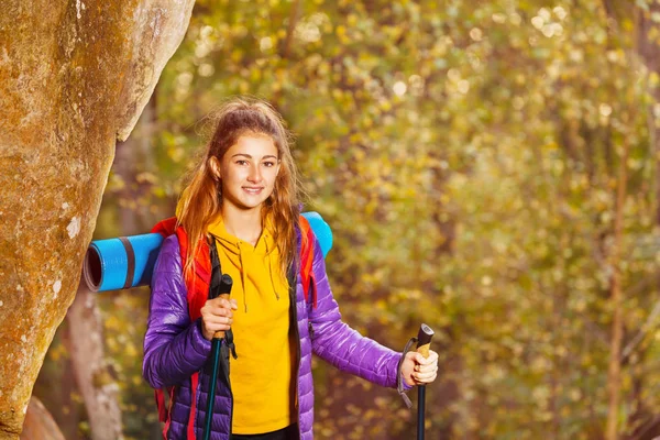 Beautiful Hiker Teenage Girl Trekking Poles Backpack Mountain Trail — Stock Photo, Image