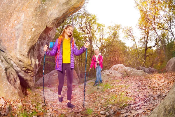 Happy Tourists Teenage Girls Trekking Sticks Exploring Mountain Trails Autumn — Stock Photo, Image