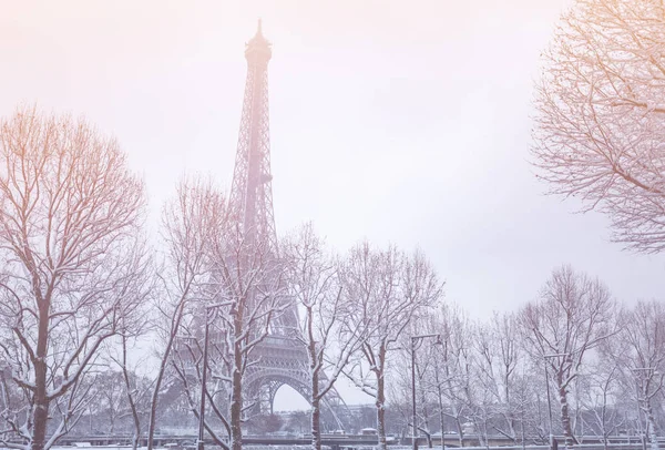 Eifel torony mögött hó téli fák egy hideg napon — Stock Fotó