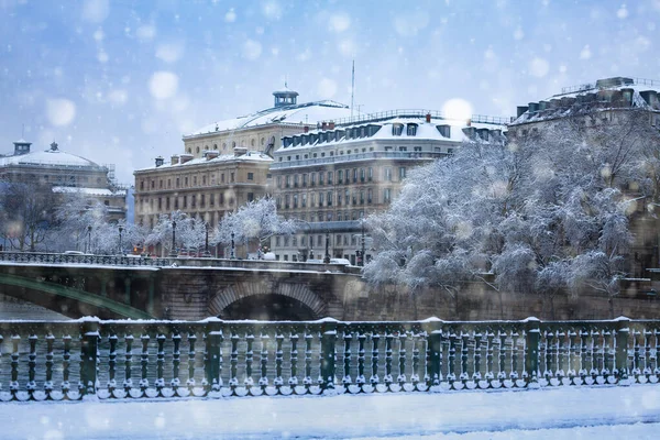 Pont d 'Arcole, riberas inundadas de nieve París —  Fotos de Stock