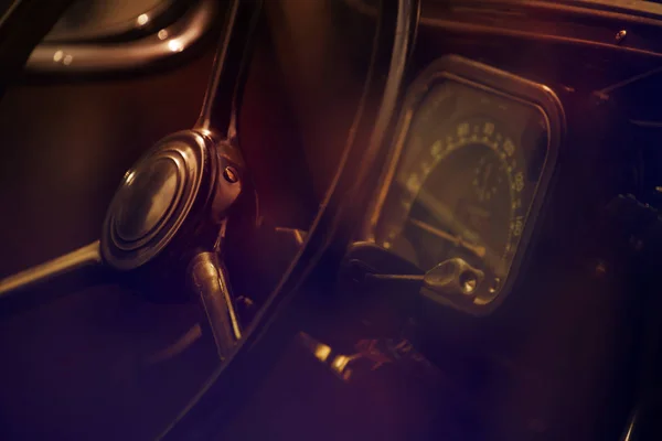 Old car wheel and dashboard close-up view — 스톡 사진