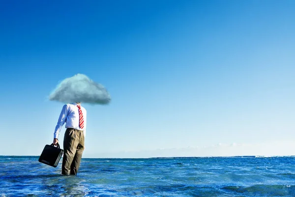 Challenge concept man suite, in sea, cloud head — Stock Photo, Image