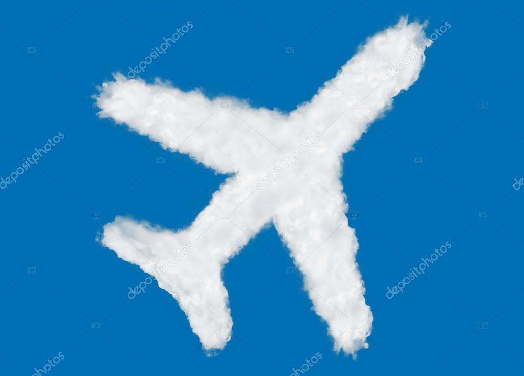 Plane icon shape made of clouds on blue