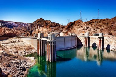 Colorado river Hoover Dam reservoir and towers