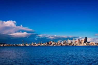 Seattle city downtown day skyline over Elliot bay