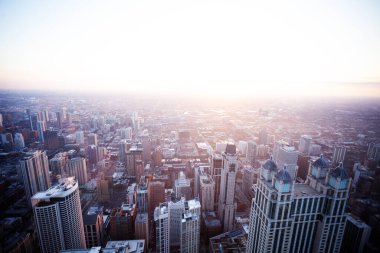 Evening duck panorama skyline view of Chicago city