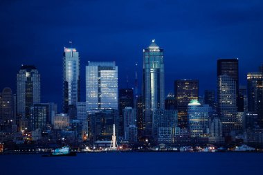 Seattle waterfront downtown building night skyline