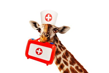 Mutlu doktor zürafa farenin içinde tıbbi malzeme bulundurur.