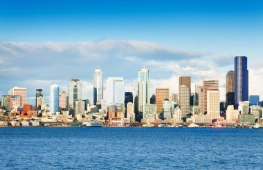 Panorama of Seattle busy downtown over Elliot bay