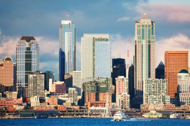 Seattle waterfront downtown view at evening light