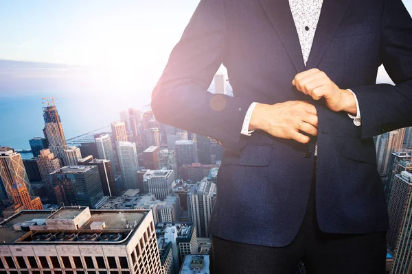 Businessman in suit stand at Chicago view window — 图库照片