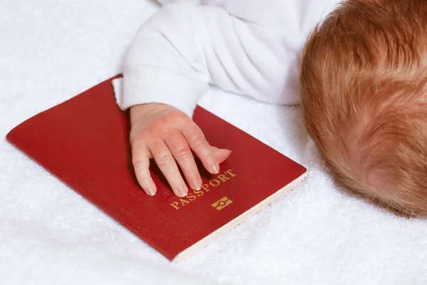 Travel passport in a hand of little newborn infant — Stock fotografie