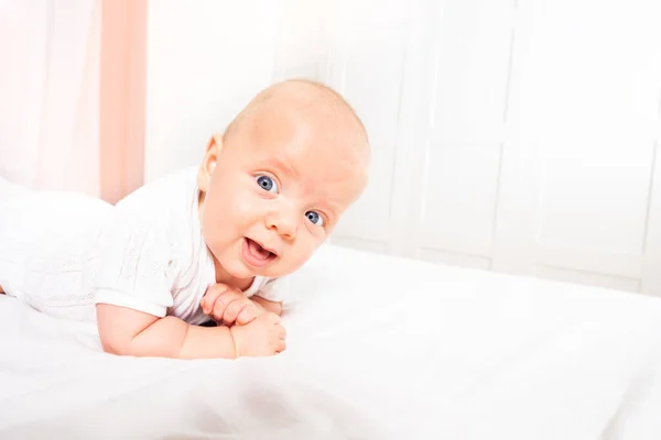 Little infant baby boy learn to stand on elbows — Stockfoto