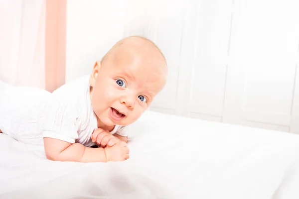 Little infant baby boy learn to stand on elbows — Stok fotoğraf