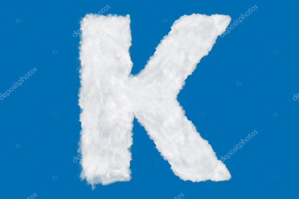 Letter K font shape element made of clouds on blue
