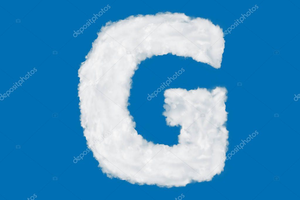 Letter G font shape element made of clouds on blue