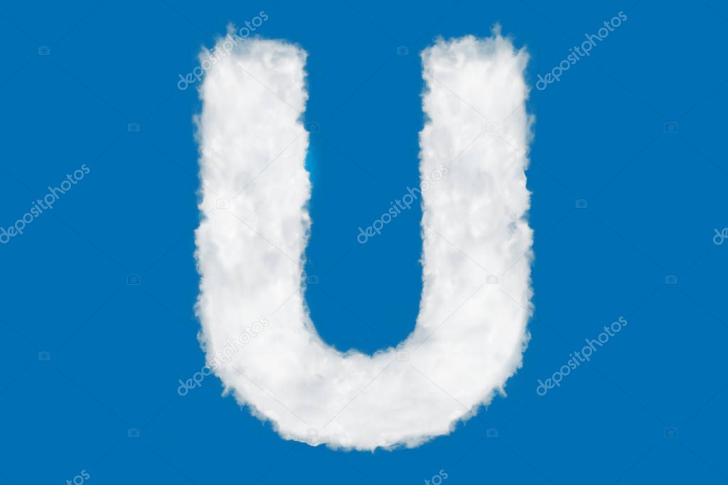 Letter U font shape element made of clouds on blue