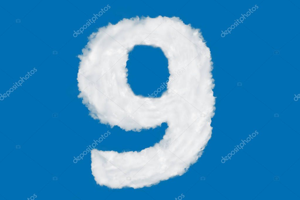 Number 9 font shape element made of clouds on blue