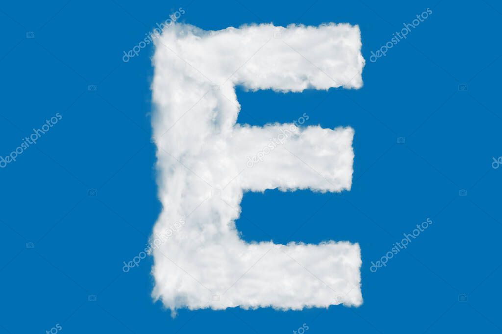 Letter E font shape element made of clouds on blue