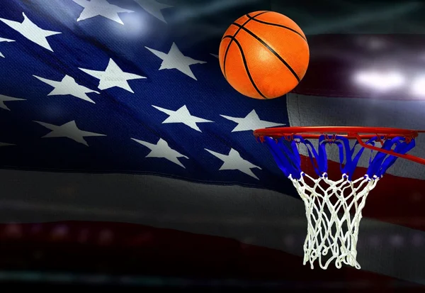 Basketbal schot naar de hoepel met Amerikaanse vlag achtergrond — Stockfoto