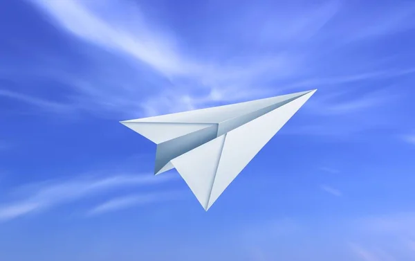 Papier vliegtuig en bewolkte blauwe hemel — Stockfoto