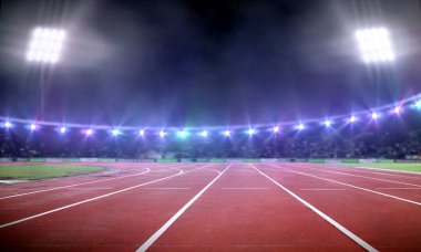 Empty stadium illustration with running track under spotlight at night clipart