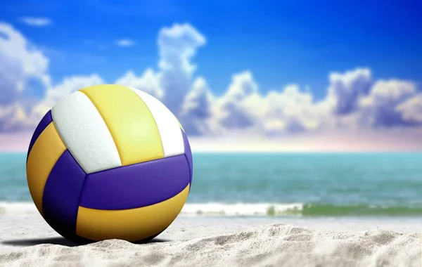 Volleyball ball on the beach with open sea — Stock Photo, Image