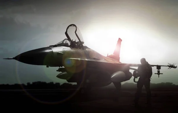 Militaire jet in silhouet met pilot weglopen — Stockfoto