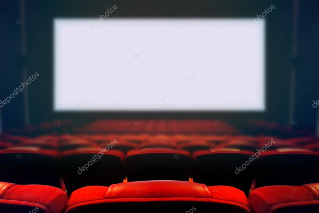 Empty movie cinema with blank white screen