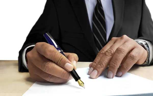 Man Suit Writing Blank Paper Front View Angle — Stock Photo, Image