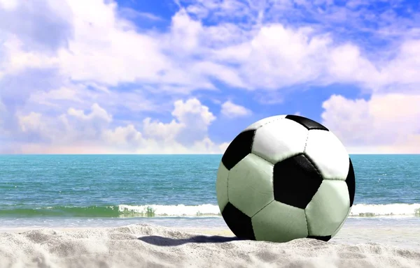 Soccer Ball Beach Cloudy Blue Sky — Stock Photo, Image