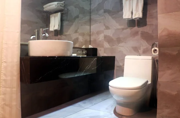 Bathroom interior with vanity mirror and toilet bowl