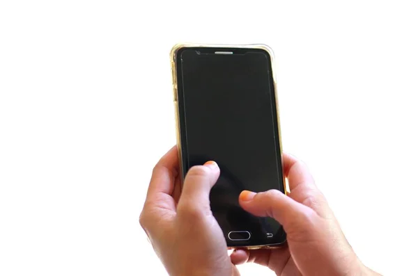 Mão Segurando Digitando Telefone Inteligente — Fotografia de Stock