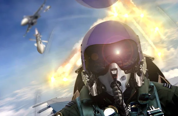 Pilot Kokpit Tampilan Selama Pertempuran Udara Udara — Stok Foto