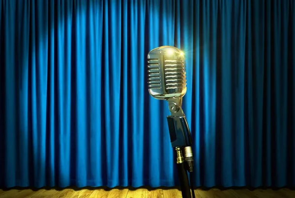 Retro Microphone Stage Blue Curtains — Stock Photo, Image