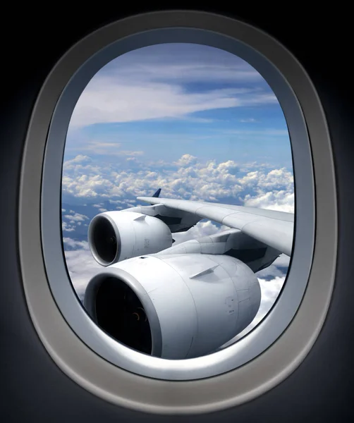 Vliegtuigturbinemotor Vanuit Raamkijkhoek Met Bewolkte Blauwe Lucht — Stockfoto