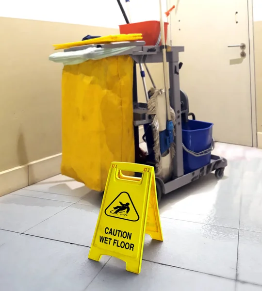 Wet Floor Signage Cleaning Tools Background — ストック写真