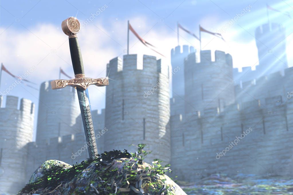 3D illustration of legend about sword in stone