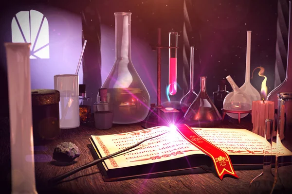 3D Magic illüstrasyon kitap, sihirli değnek ve Felsefe Taşı