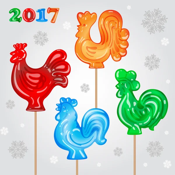 Roosters in the form of lollipops — Stock Vector