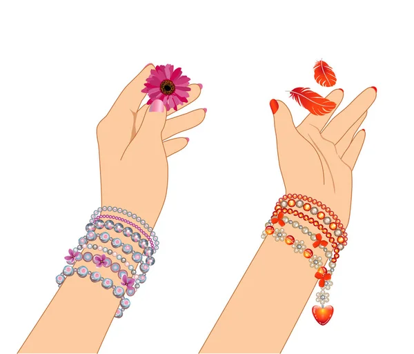 Le mani della donna con braccialetti — Vettoriale Stock